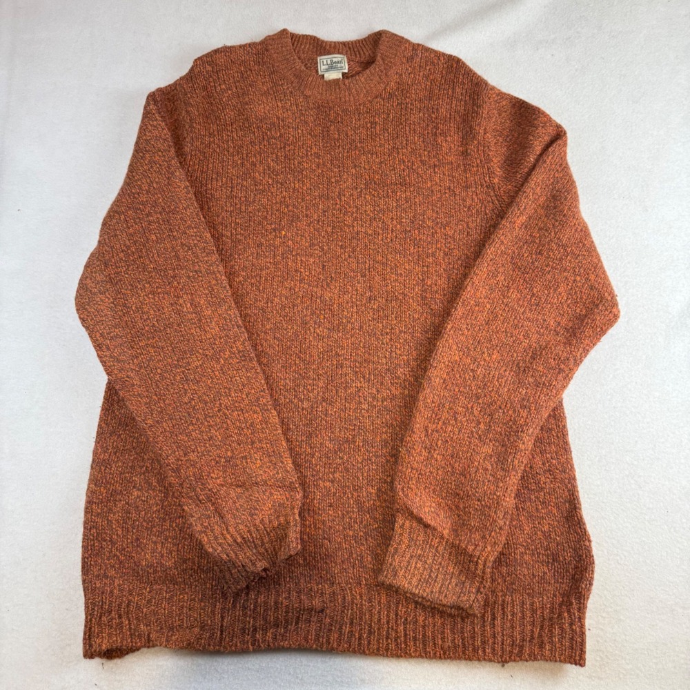 LL Bean Mens Orange Lambswool Crewneck Sweater Large Tall 251613 Heathered Knit